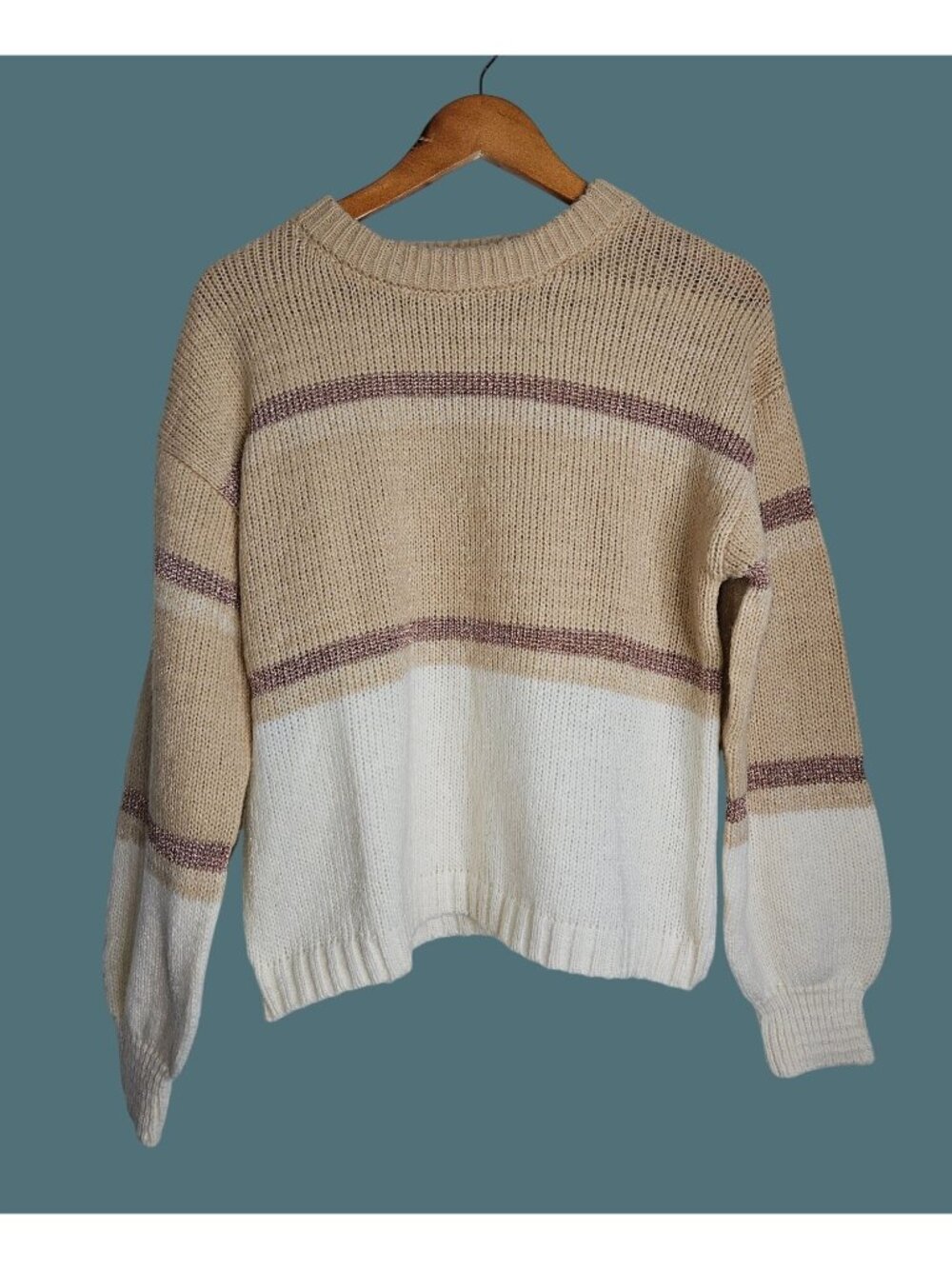 Love Ellie Metallic Stripe Pullover Beige/Cream Sweater Women Size M